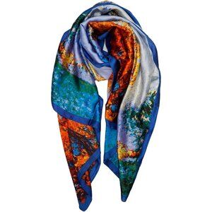 Women Blue Orange  Long Stain Mulberry Silk Shawl Lightweight Sunscreen Scarf